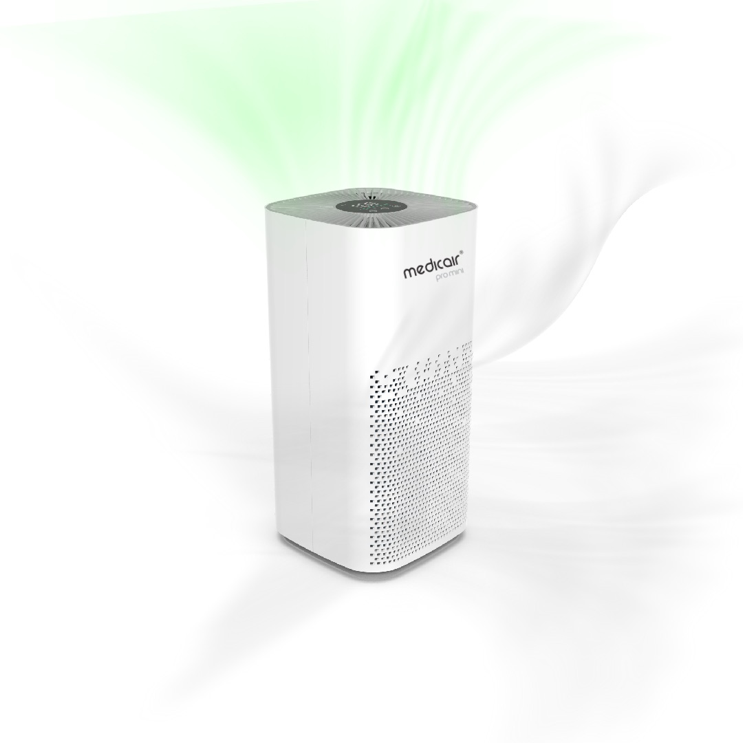 Render of a MedicAir Pro Mini air purifier with airflow around it