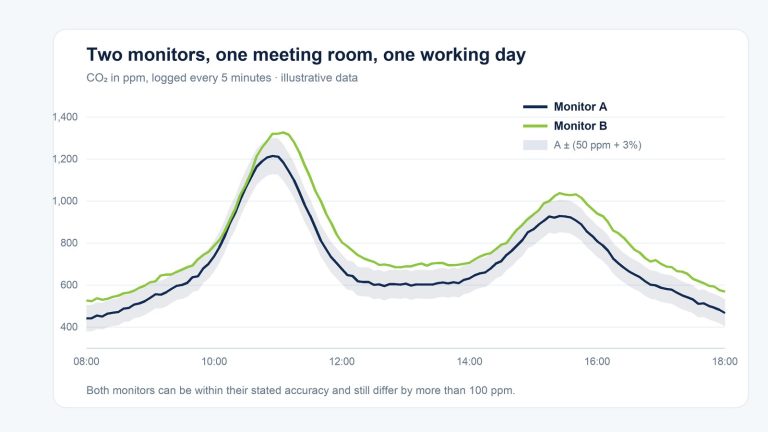Illustrative chart: CO₂ readings from two monitors in the same meeting room over a working day, differing by about 100 ppm while both stay within ±(50 ppm + 3%)